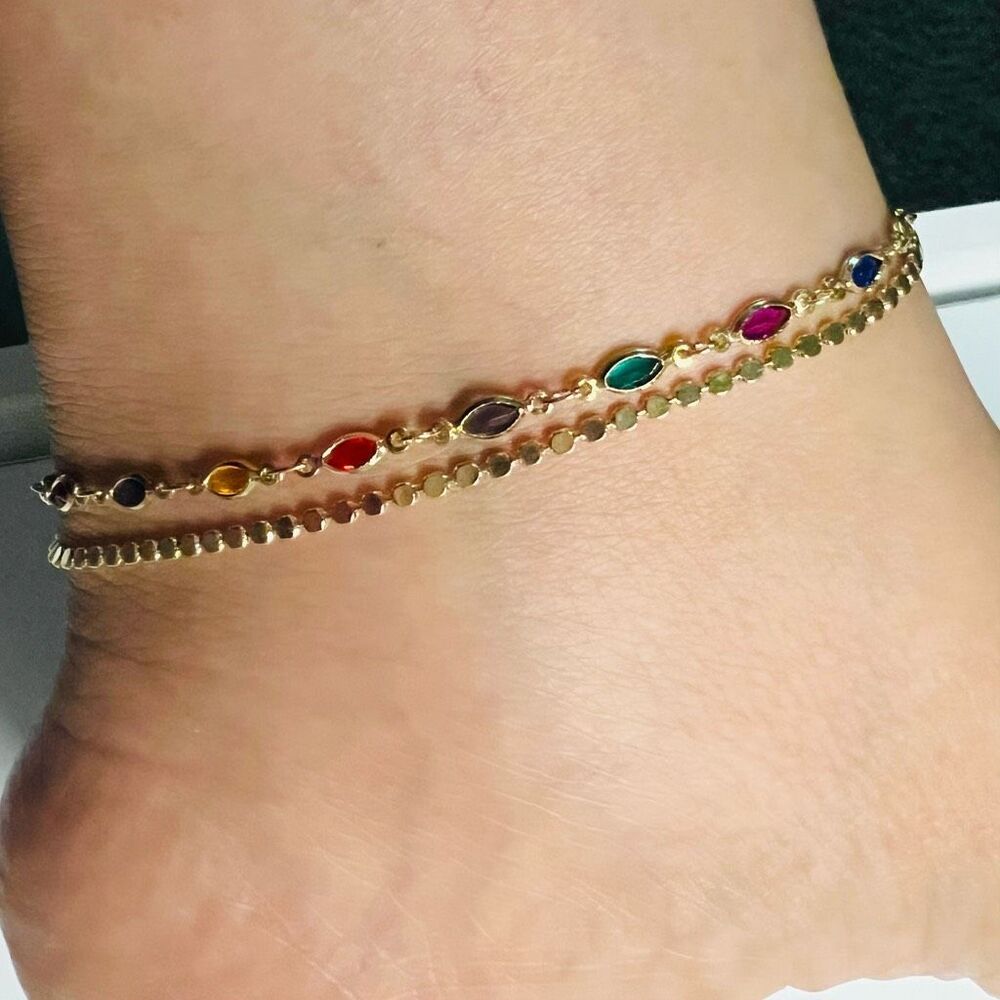 Dainty Multi color “Yazmin” anklet water resistant Brazilian gold overlay